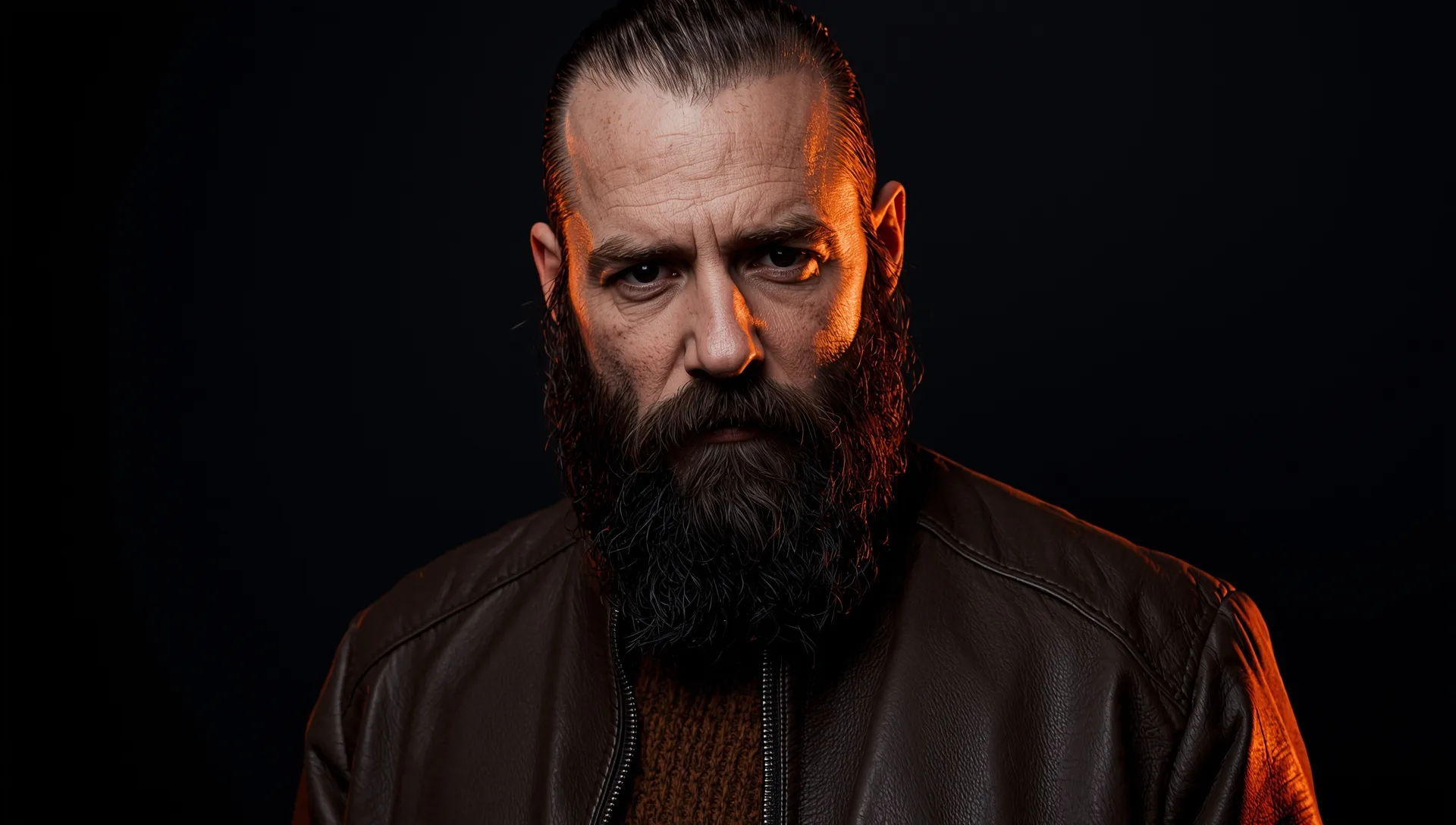 Man with a thick well-groomed beard in warm amber light against a dark background