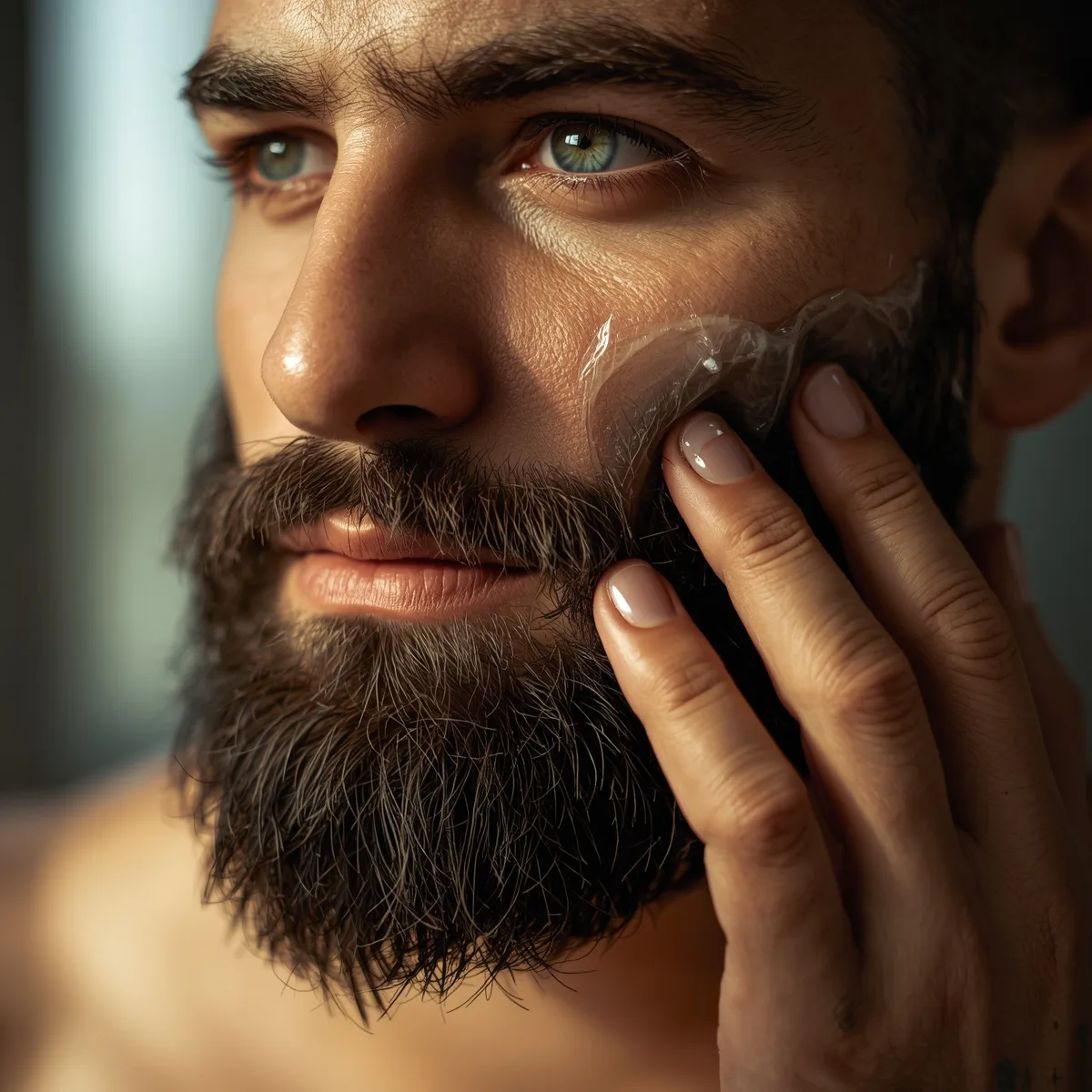 Bearded man working oil into his beard with his fingertips in front of a bathroom mirror