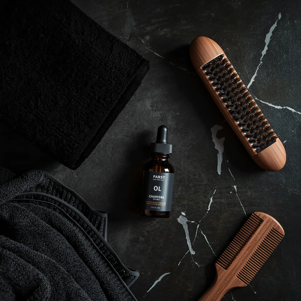 Grooming tools — amber glass oil bottle, wooden wide-tooth comb, and boar-bristle brush — laid out beside a sink